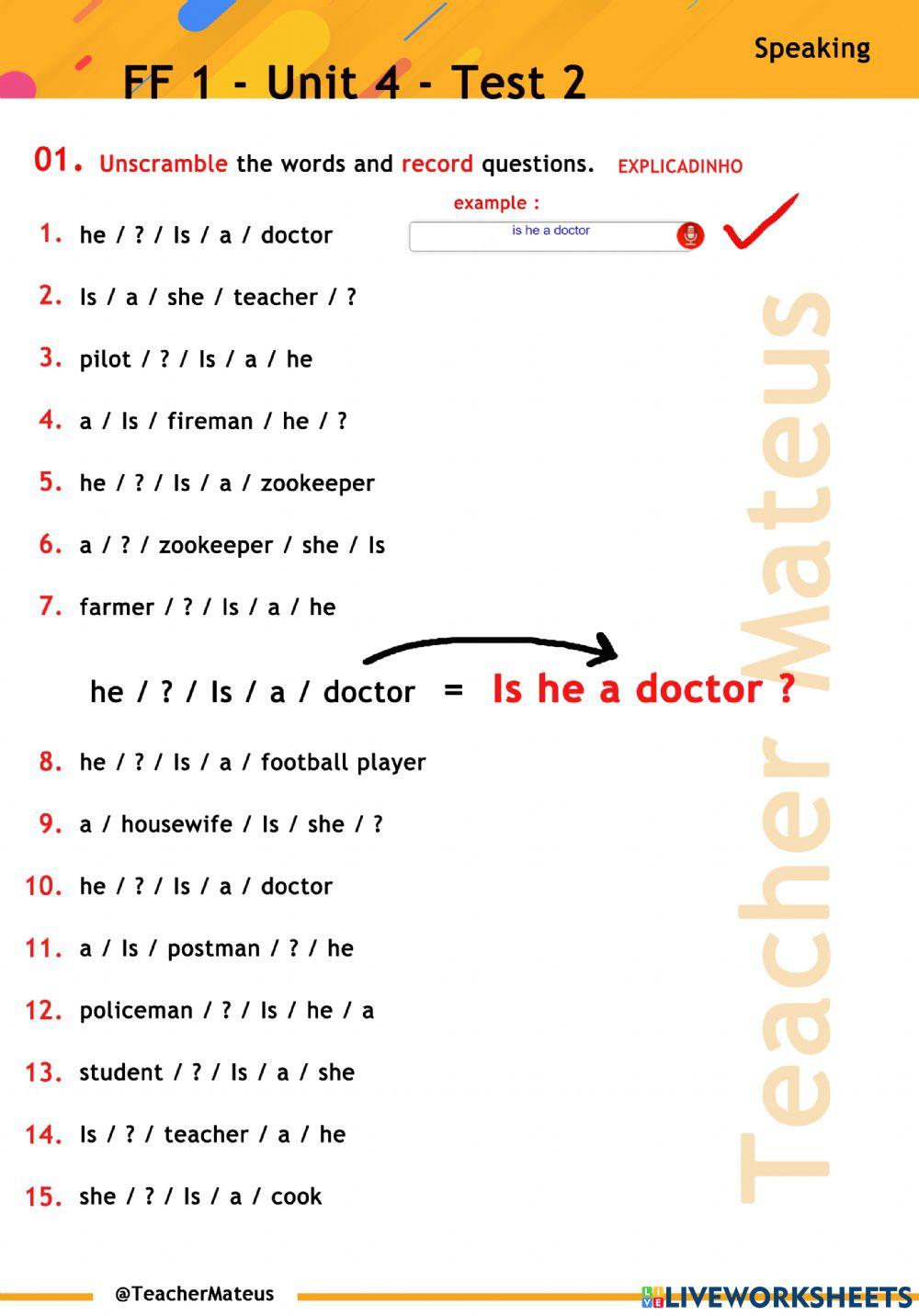 FF 1 - Unit 04 - TEST 2 - Speaking