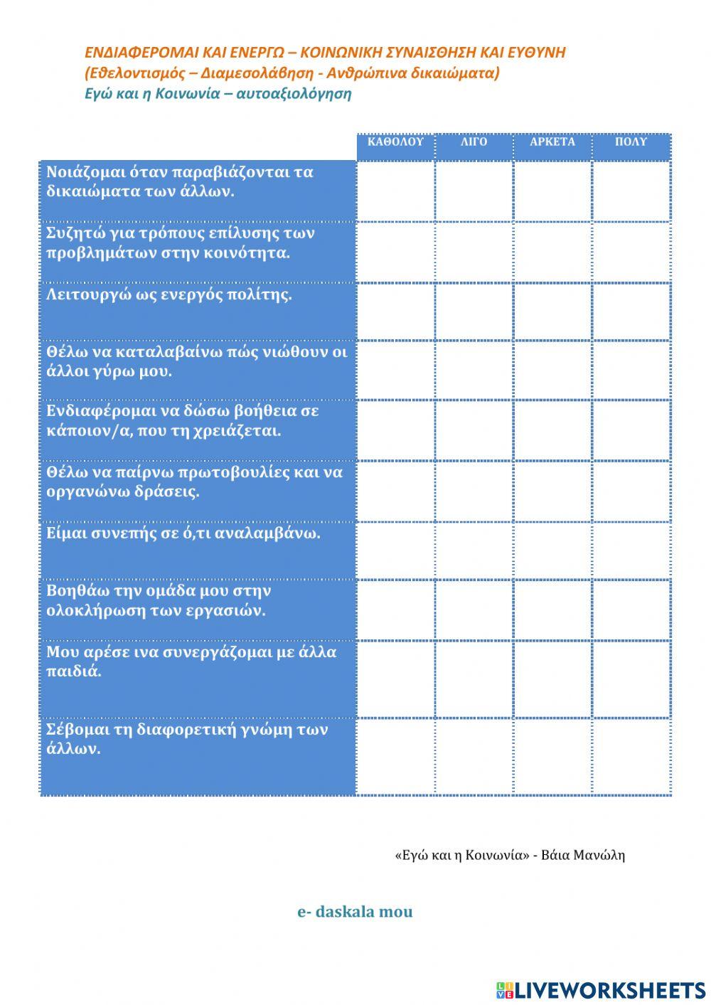 Φ.Ε.6 ΑΥΤΟ- ΑΞΙΟΛΟΓΗΣΗ - Εγώ και η Κοινωνία