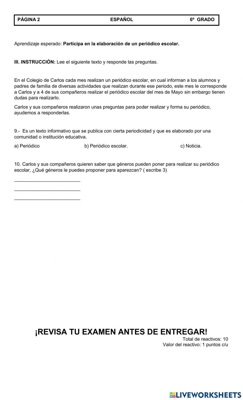 Evaluación mensual Mayo Español