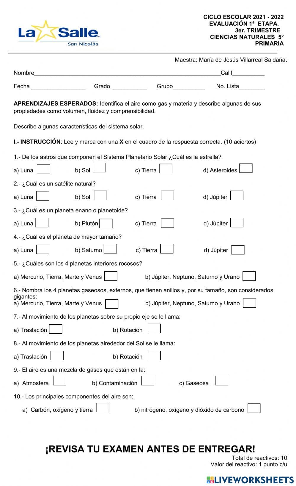 Evaluación Ciencias E1T3