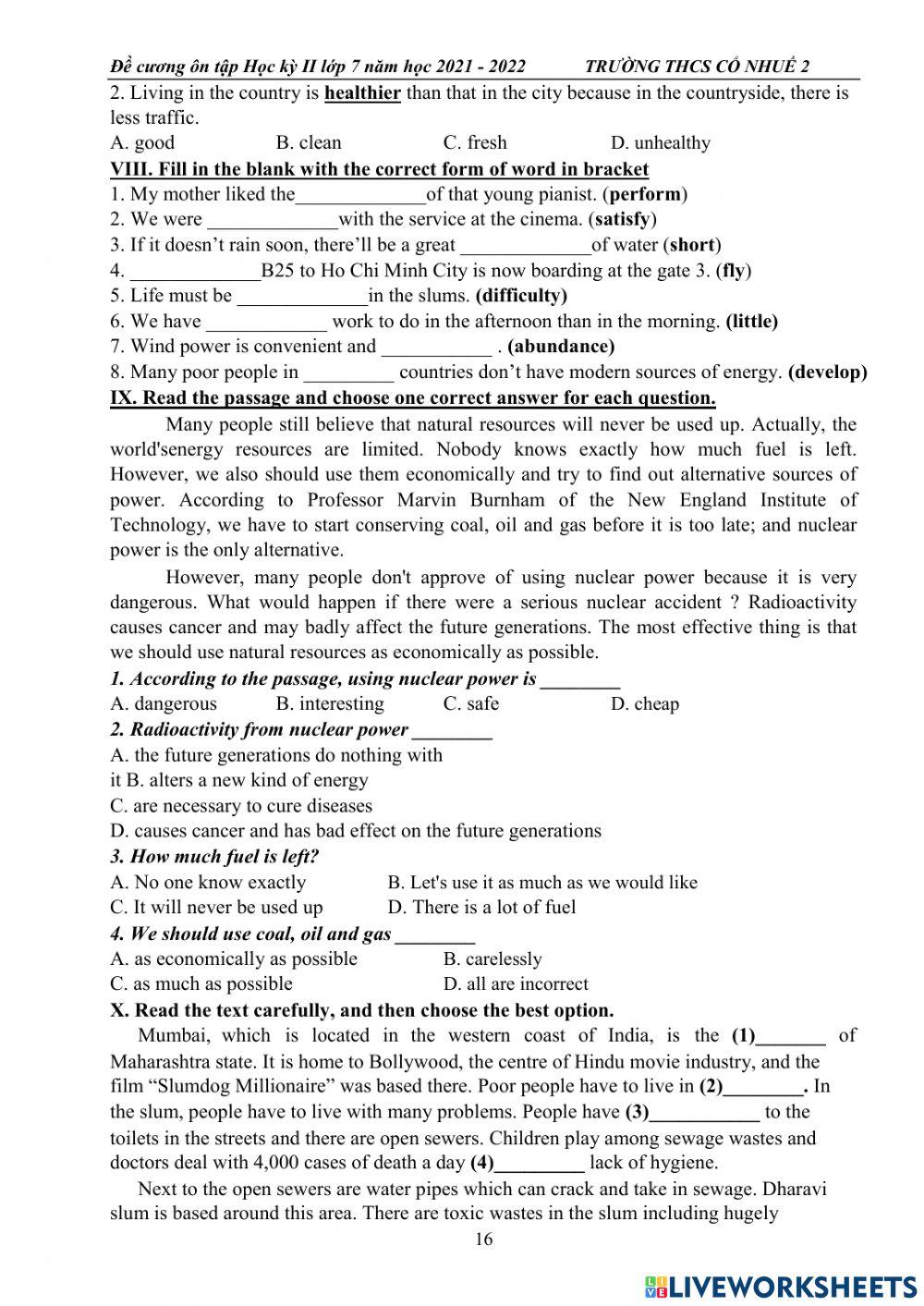 Đề cương Tiếng Anh HK2