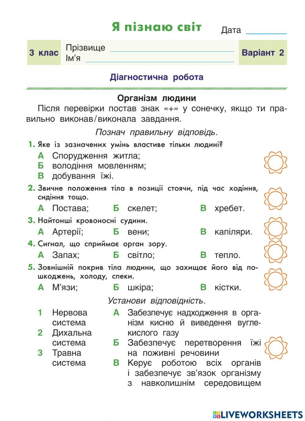 ЯДС 3 клас ДР Тіло людини ІІ в