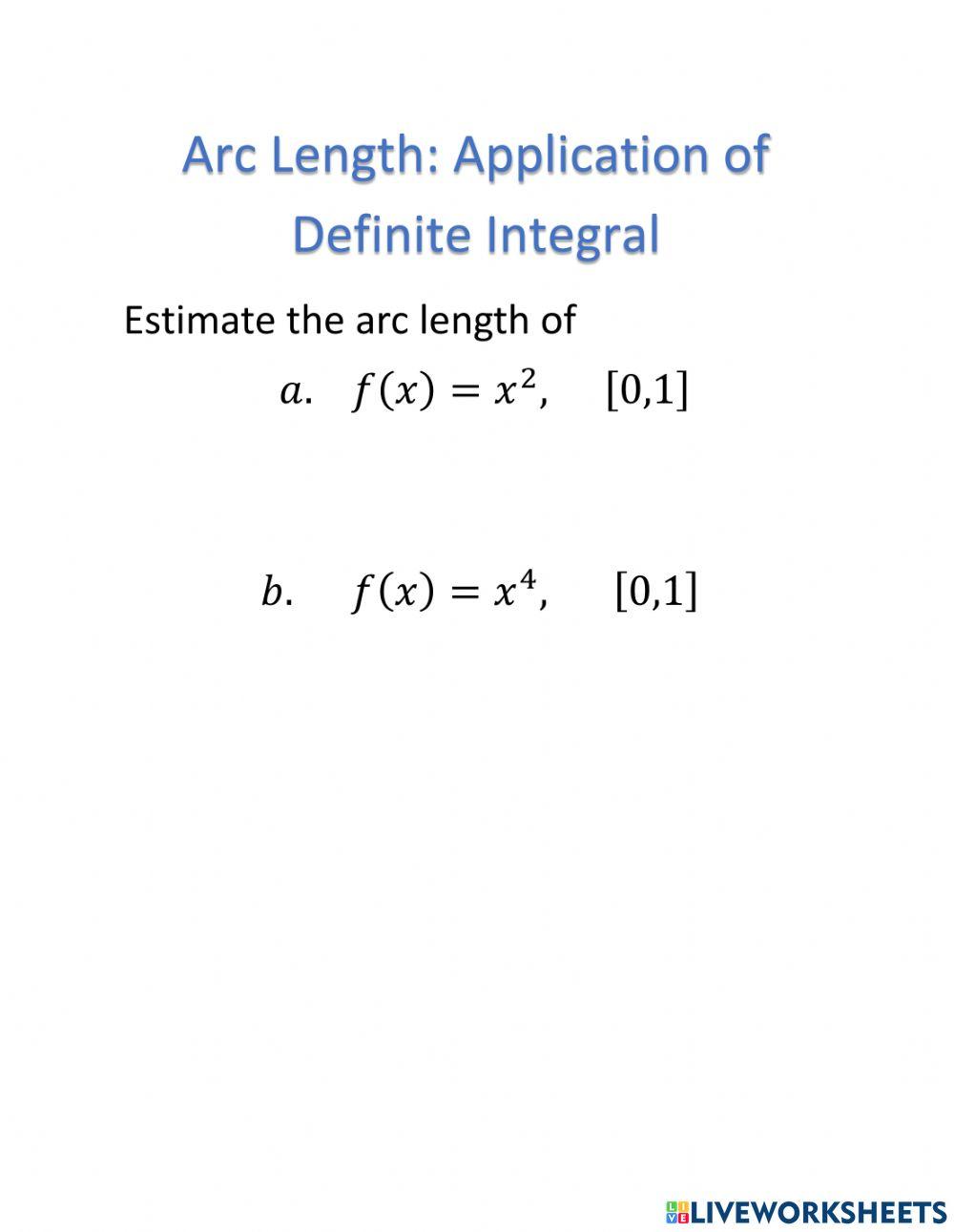Arc length definite integral worksheet live worksheets