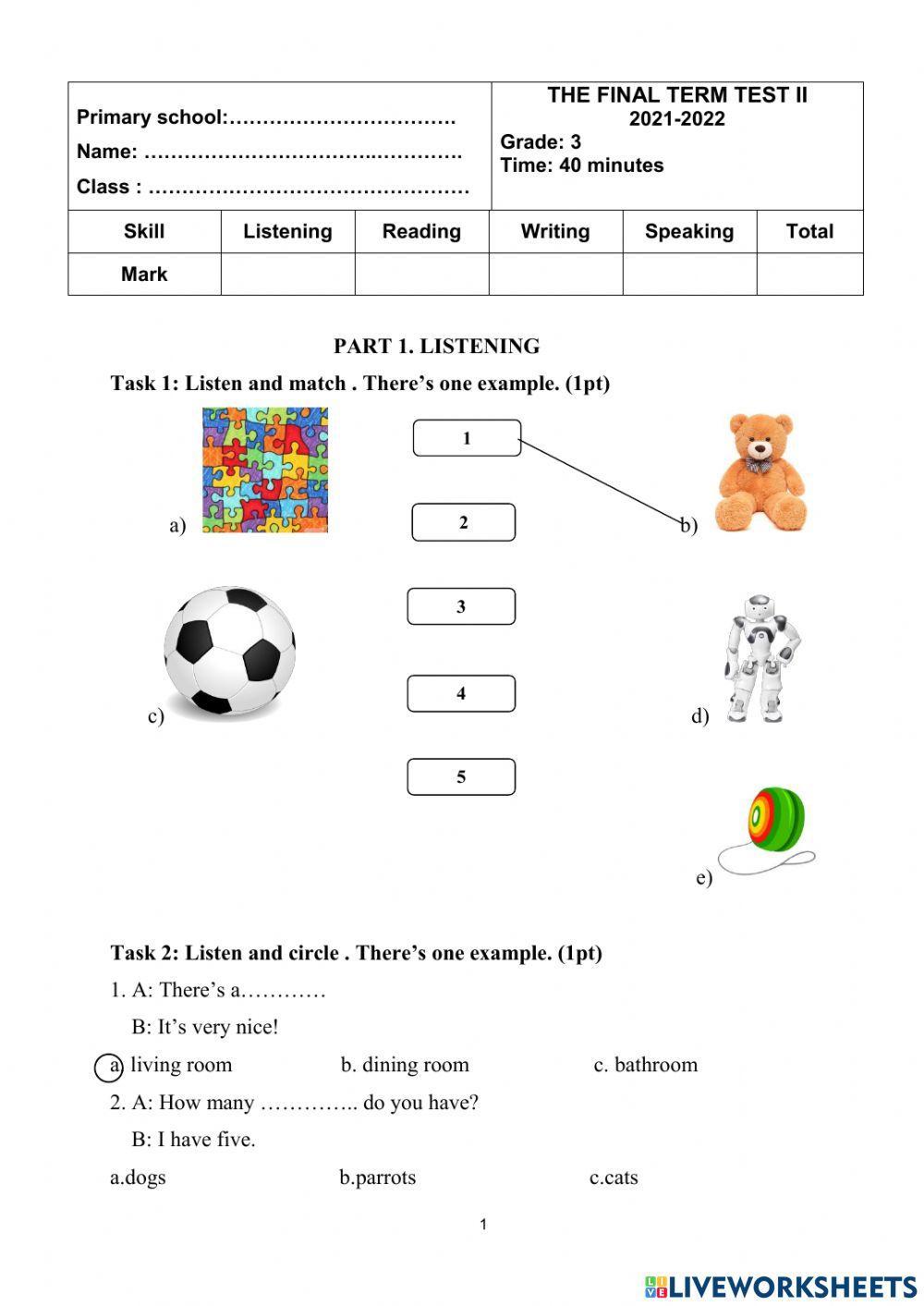 Đề kiểm tra học kỳ II tiếng Anh 3
