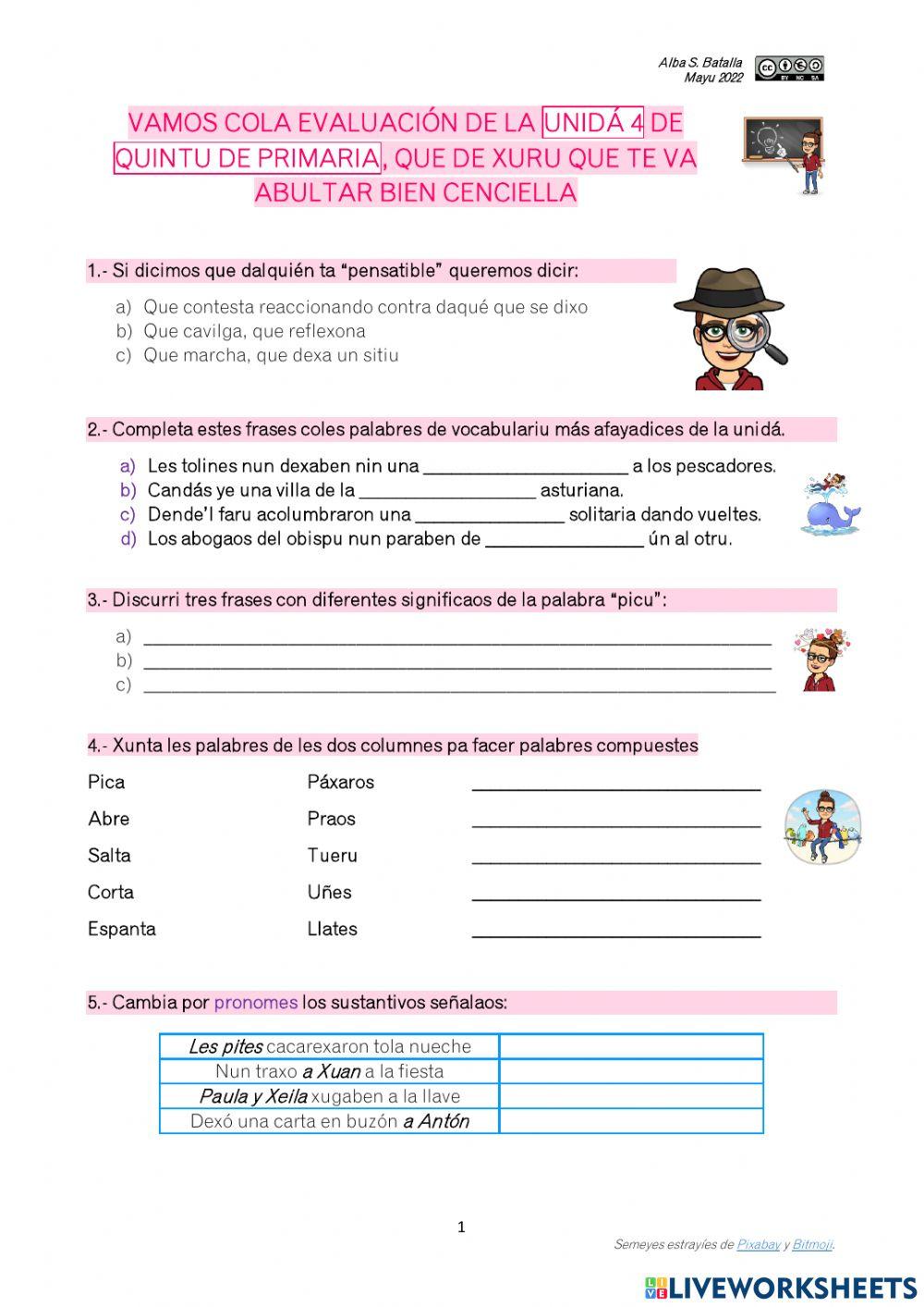 Evaluación Unidá 4 - Quintu Primaria - Asturianu