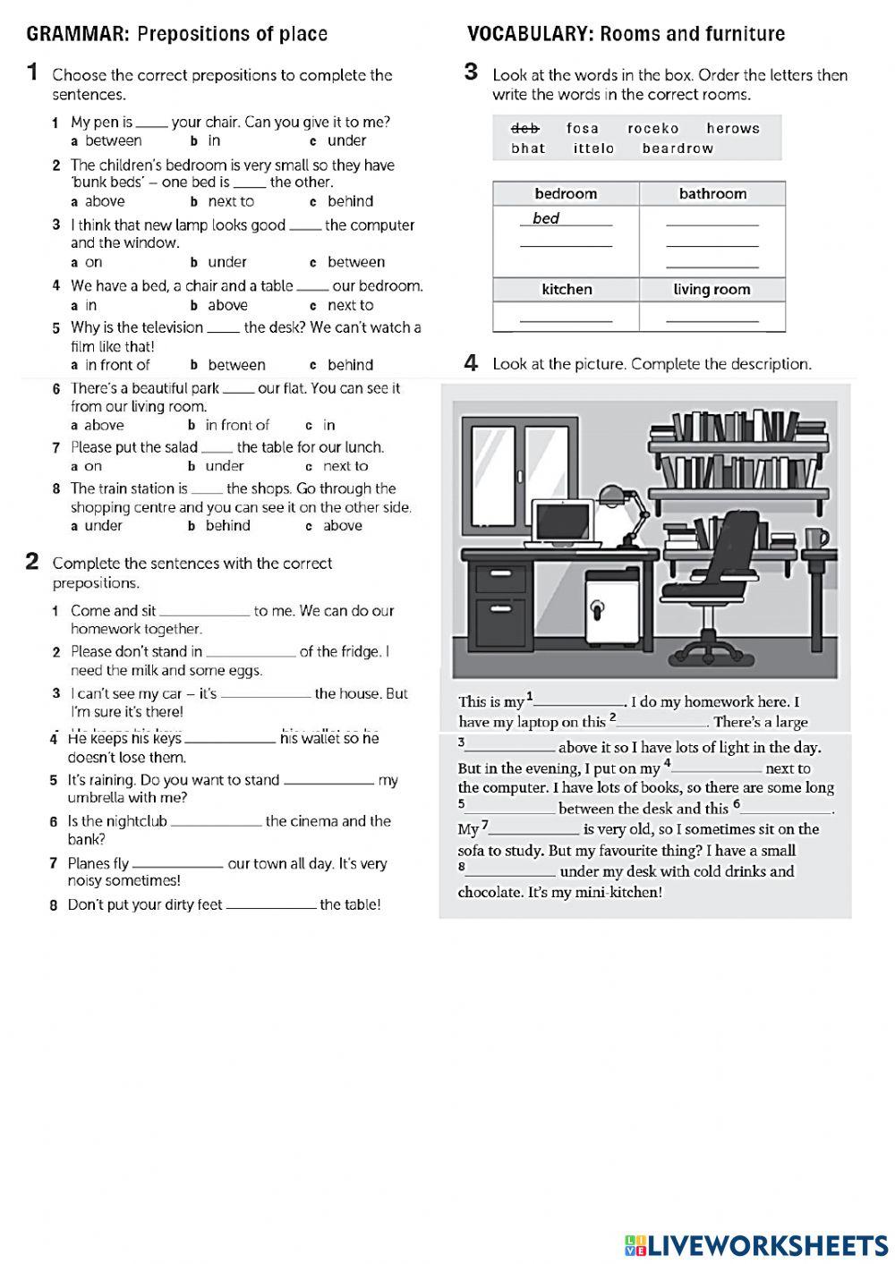 Preps of place, rooms and furniture