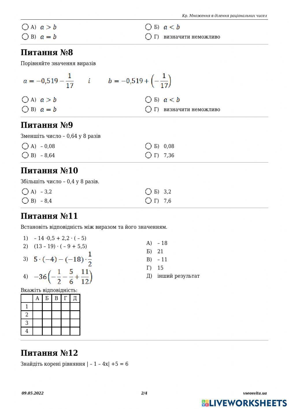 Контрольна робота. Множення і ділення раціональних чисел