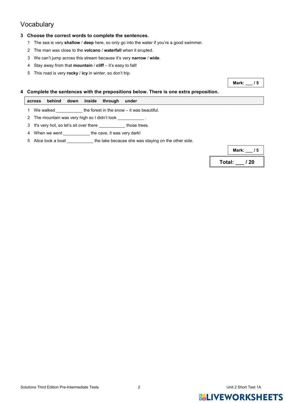Unit 2 short test Solutions Pre-intermediate