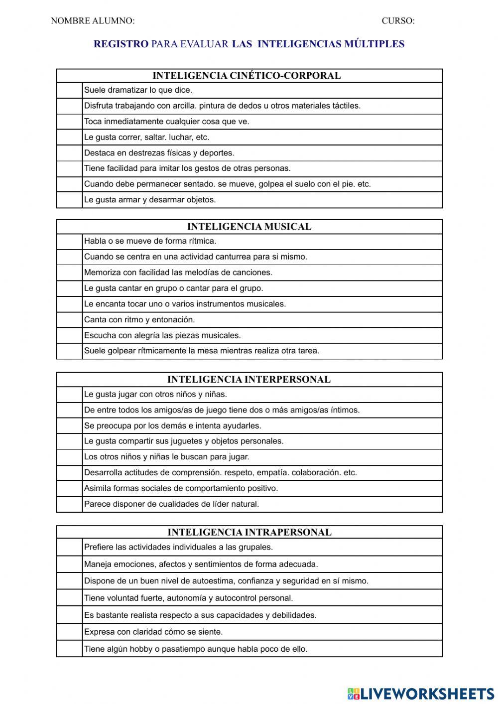 Lista cotejo inteligencias multiples