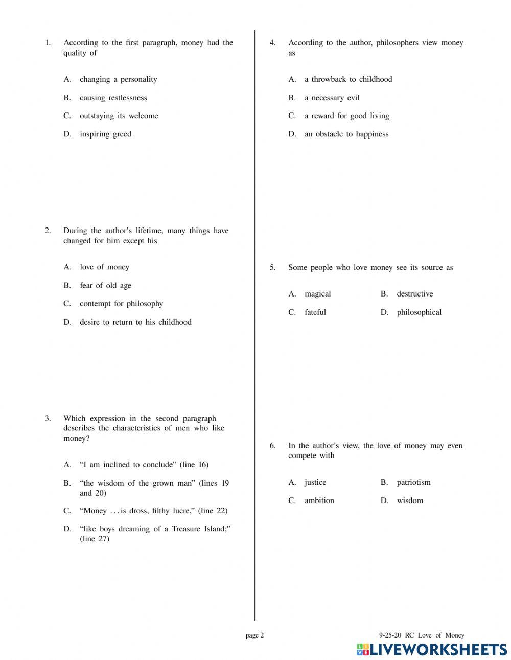 For the Love of Money Reading Comprehension | cernst