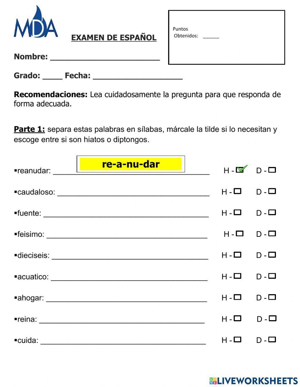 Examen - Hiatos y Diptongos