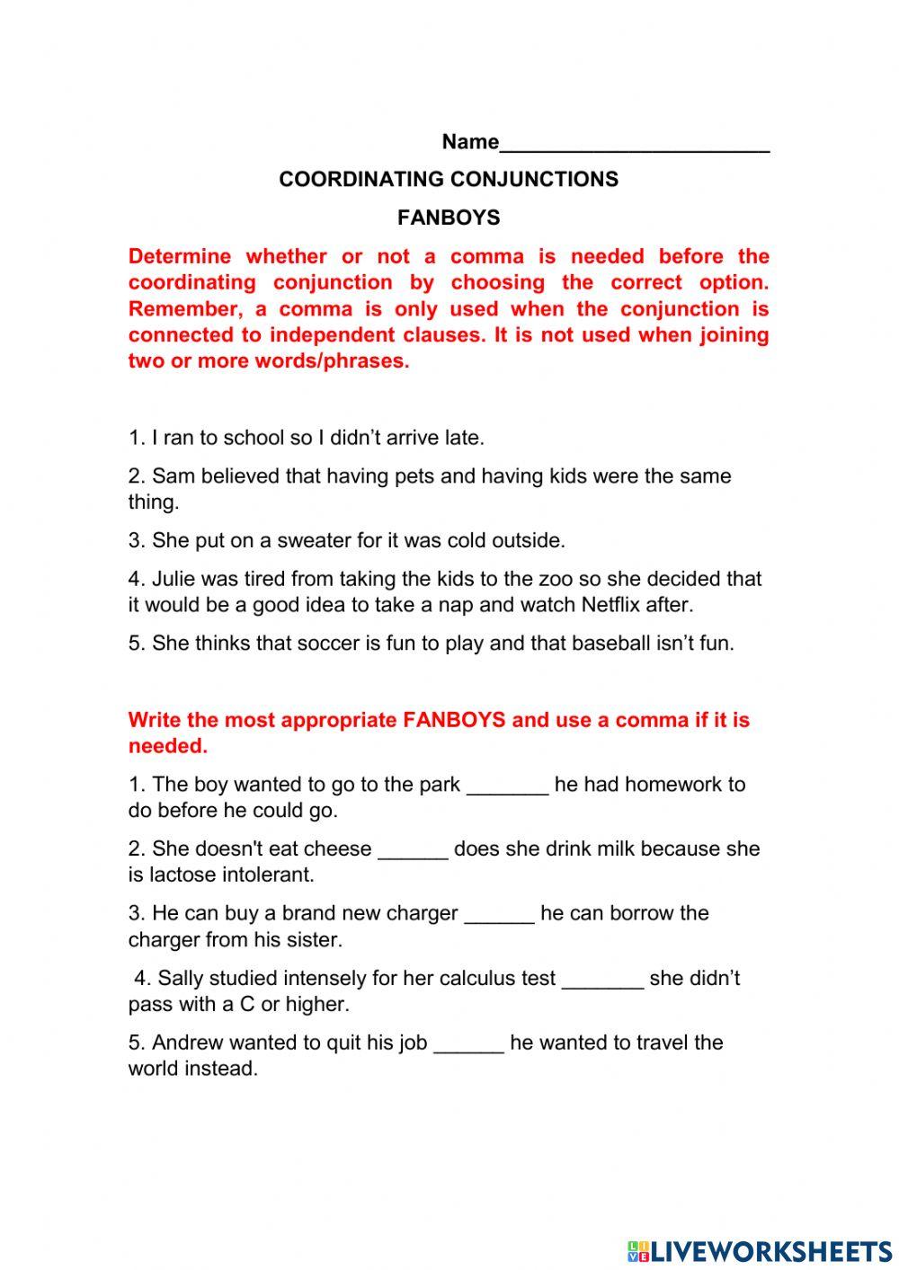 Coordinating Conjunctions free worksheet | Live Worksheets