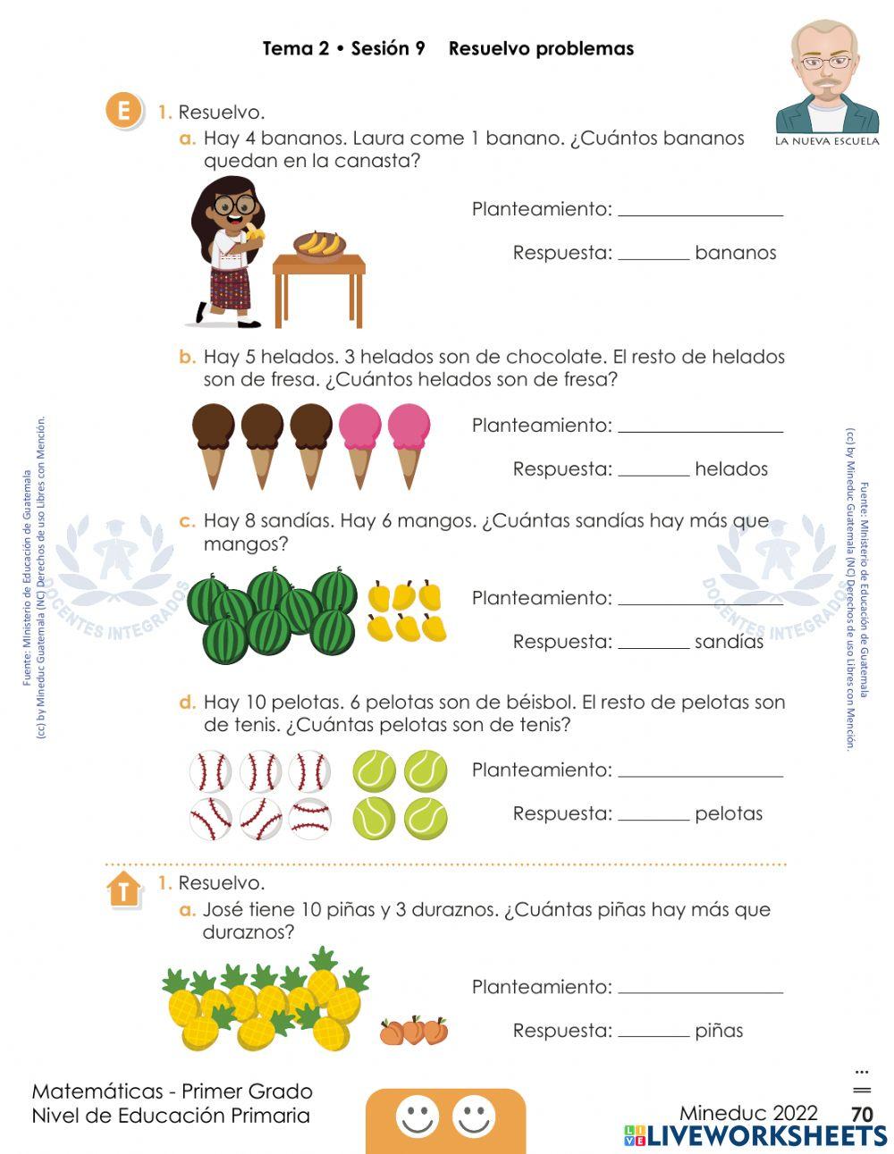 Matemáticas Primero Primaria Mineduc 2022 pág. 70 - Resuelvo problemas. Tema 2 • Sesión 9