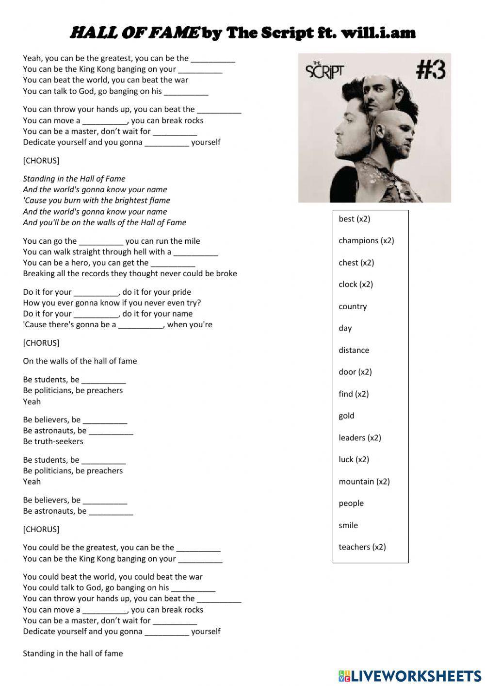 Song: -HALL OF FAME- by The Script ft. will.i.am worksheet | Live Worksheets