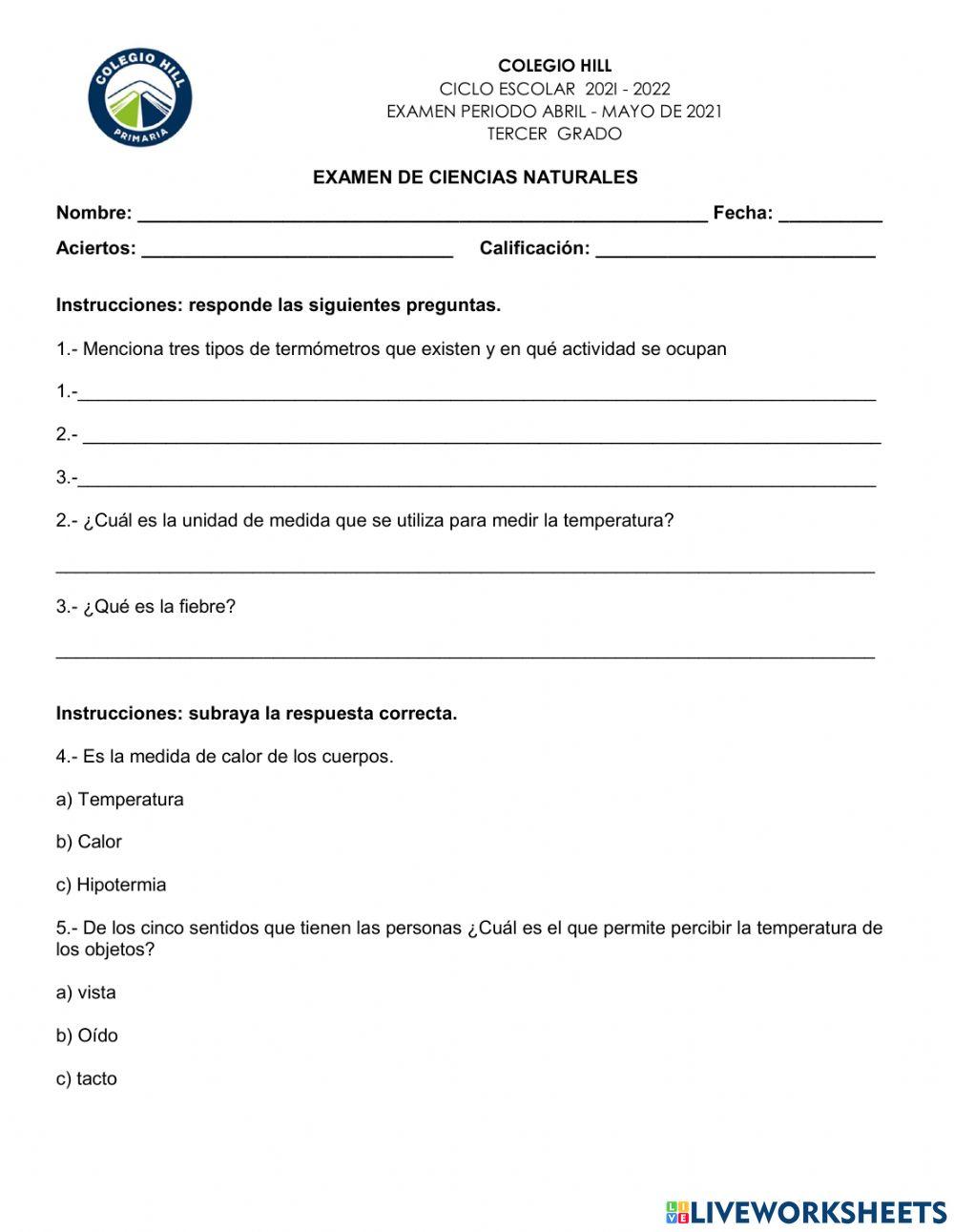 Examen de ciencias naturales abril