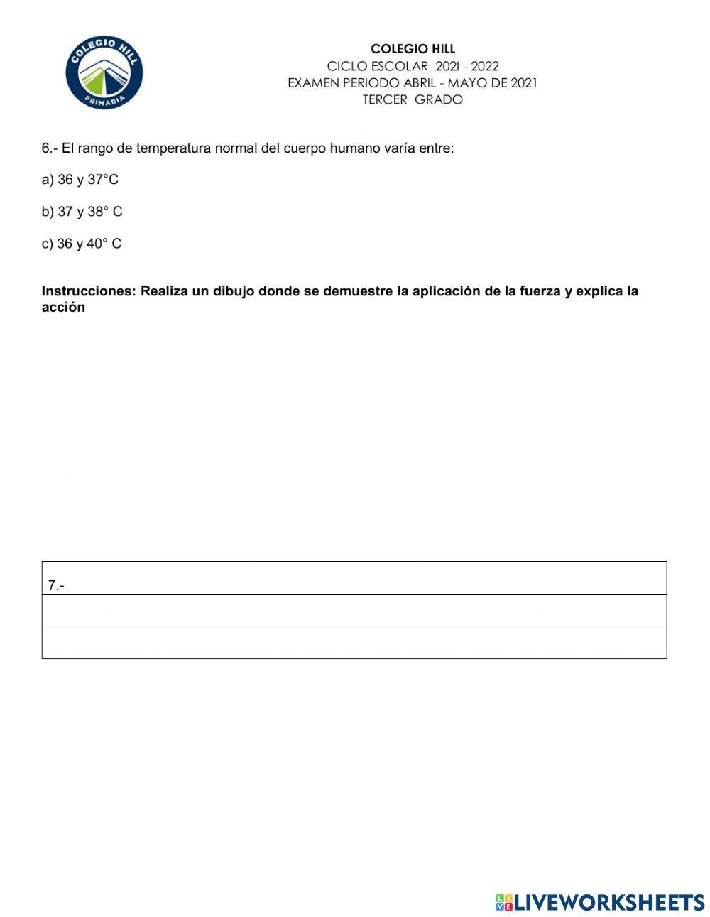 Examen de ciencias naturales abril