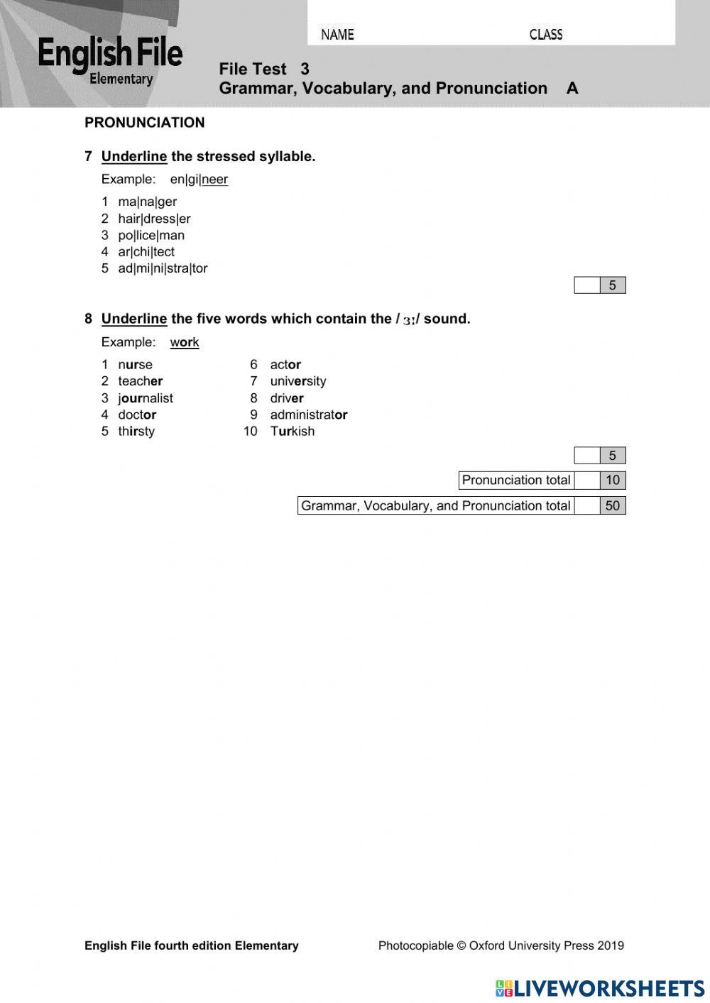 TEST UNIT 3 ENGLISH FILE ELEMENTARY