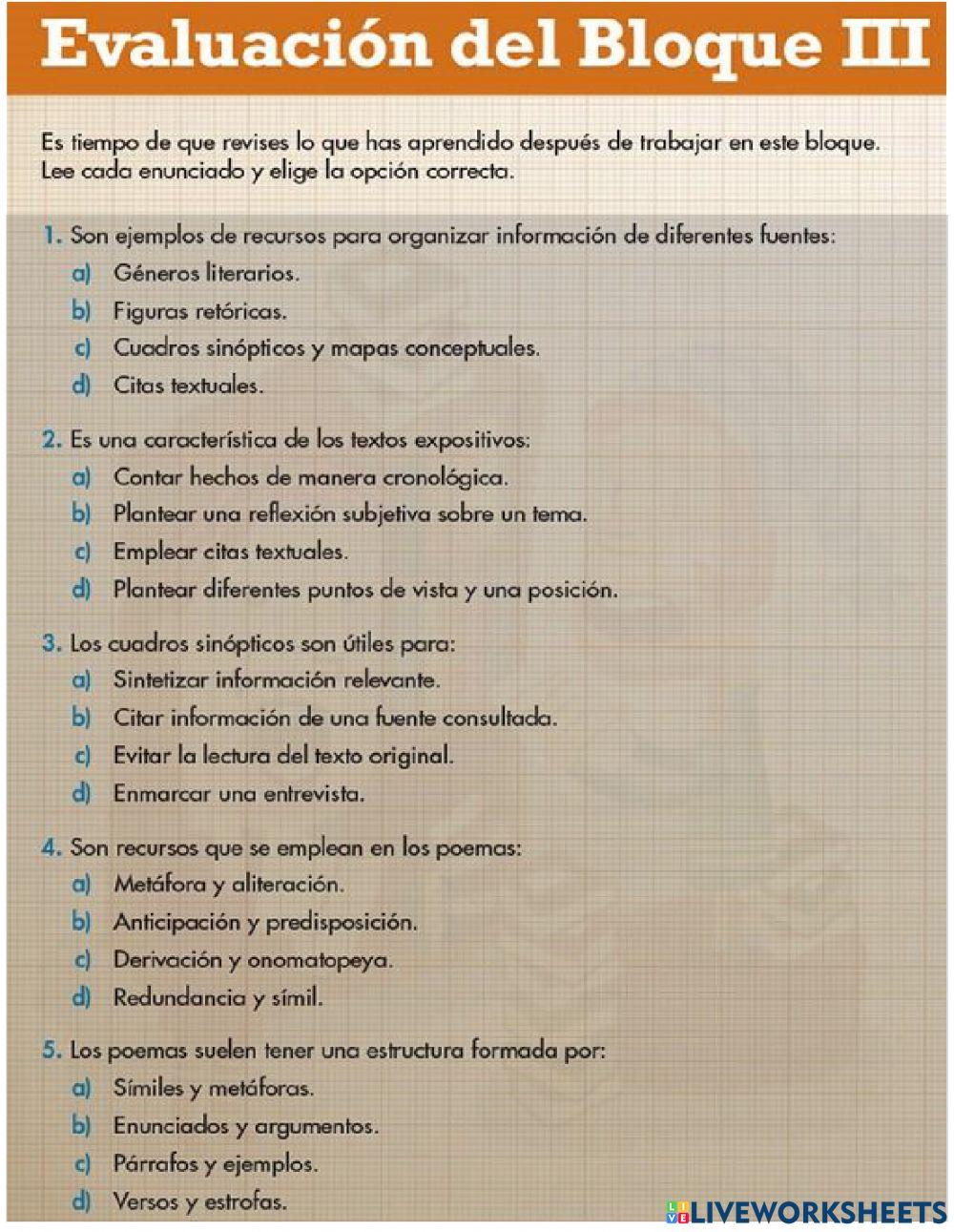 Evaluación Bloque III. Español quinto grado