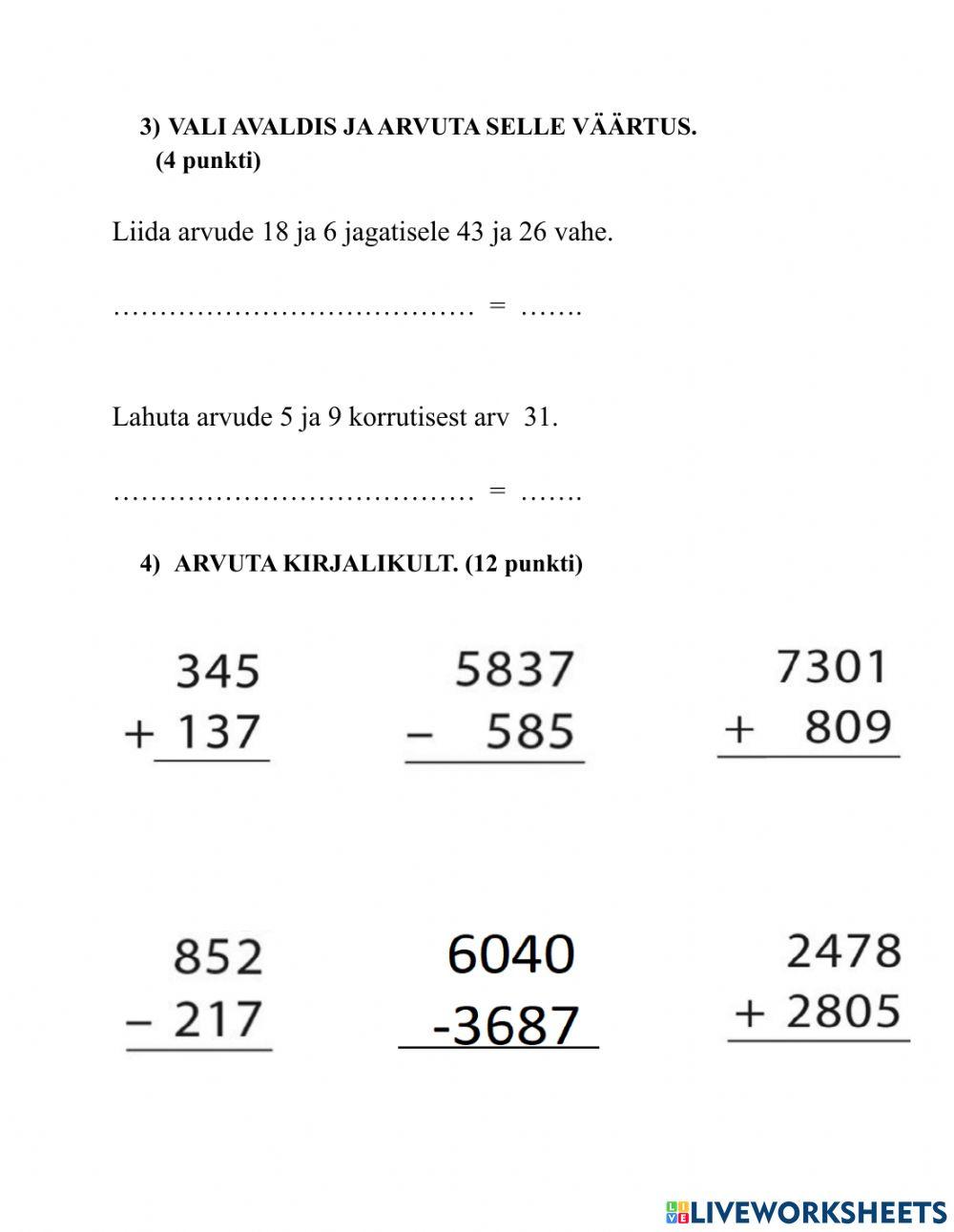 3.klassi matemaatika tasemetöö