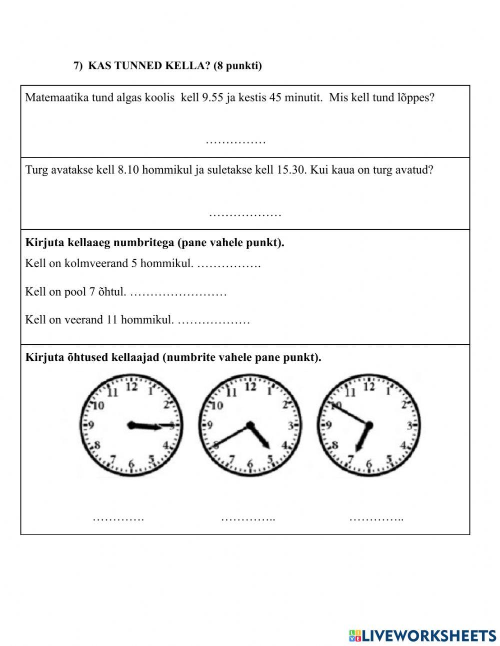 3.klassi matemaatika tasemetöö