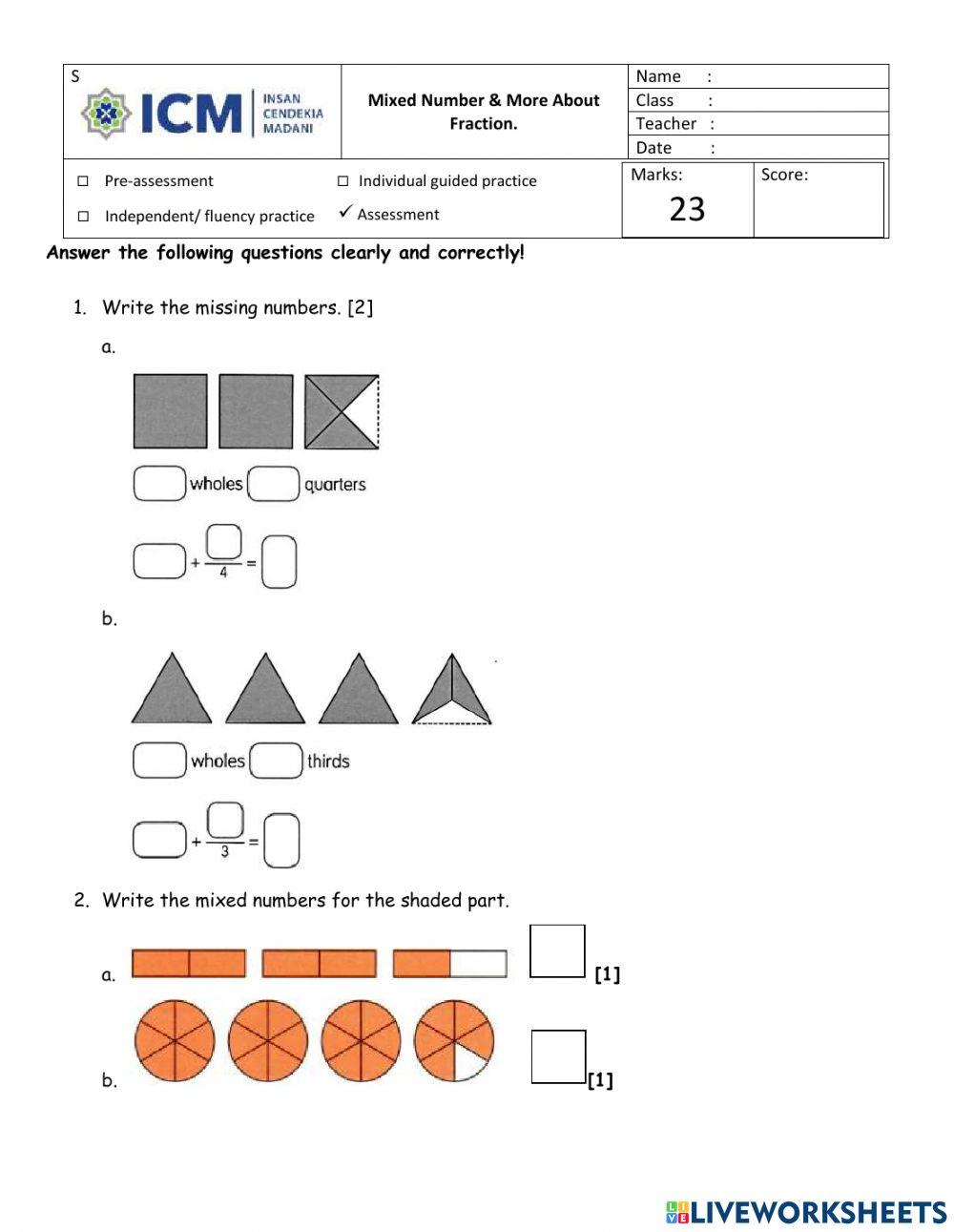 Assessment Mixed Numbers and More about fraction