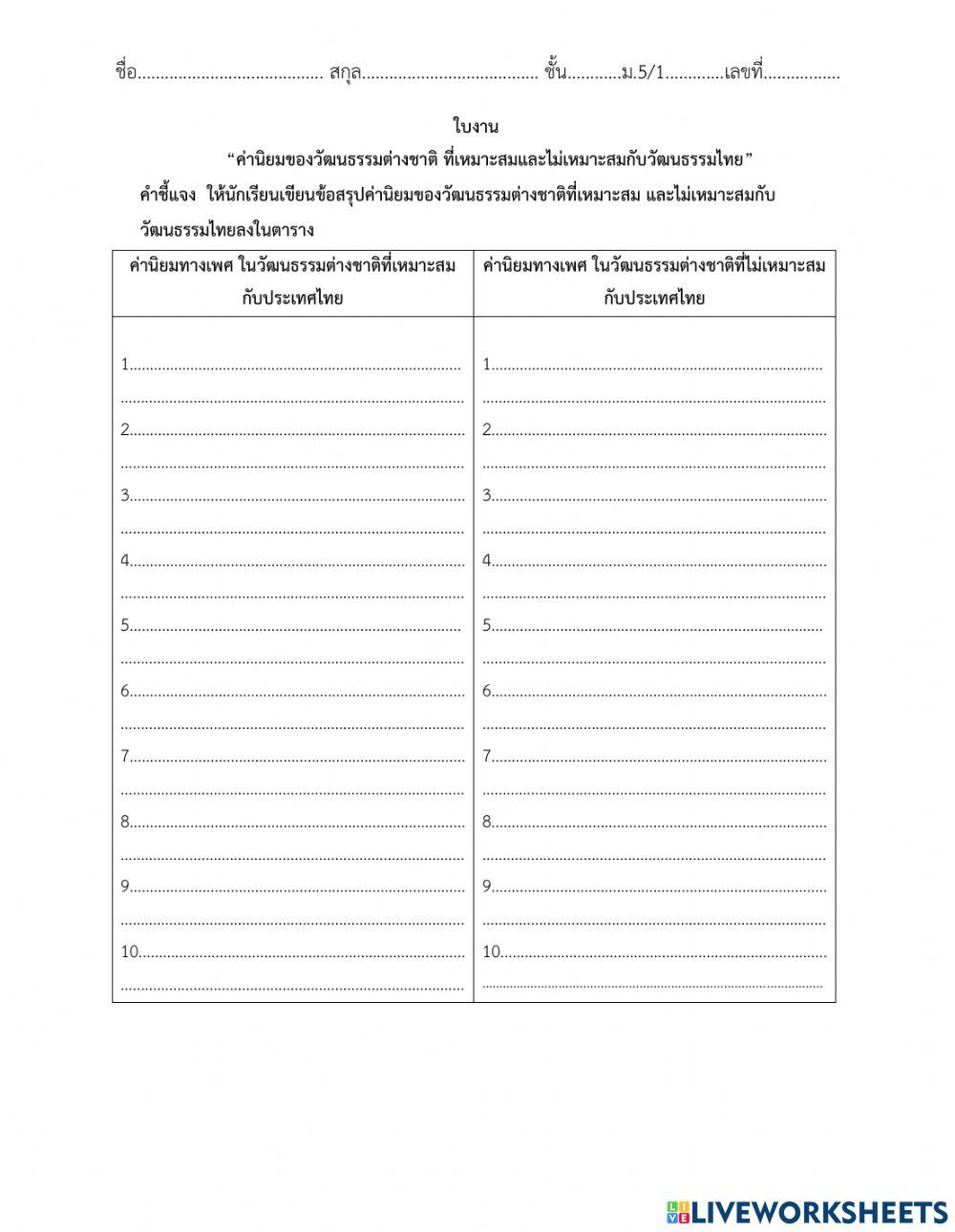 ใบงานเรื่อง ค่านิยมทางเพศ