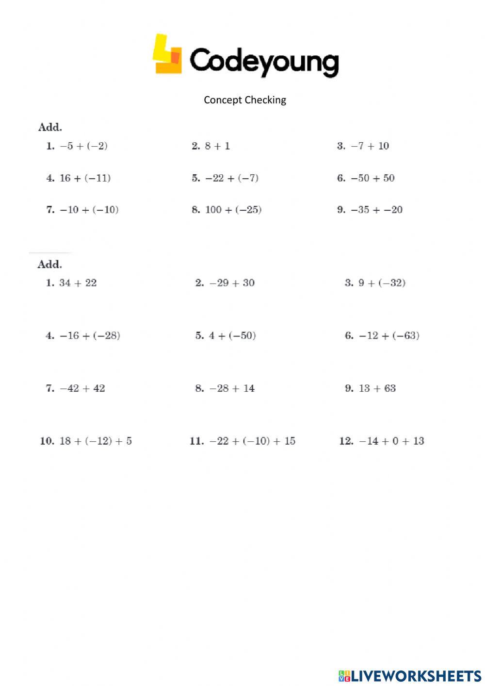 Addition and Subtraction Concept Checking CW