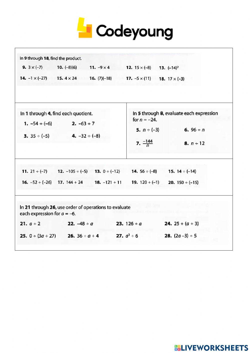 An Introduction to Multiplication and Division of Integers Concept CW