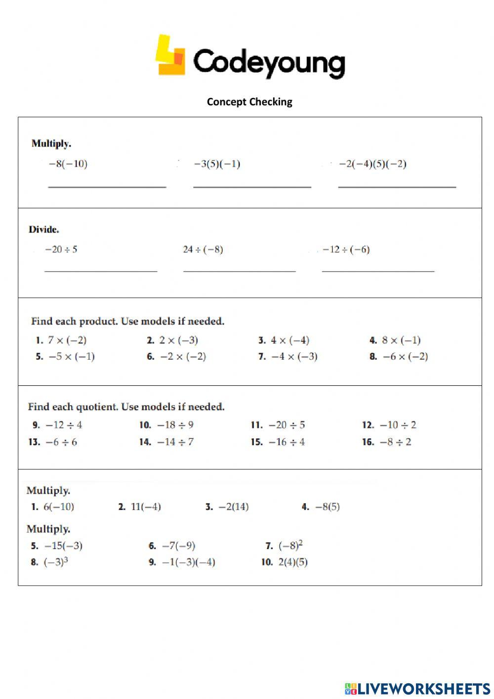 An Introduction to Multiplication and Division of Integers Concept HW