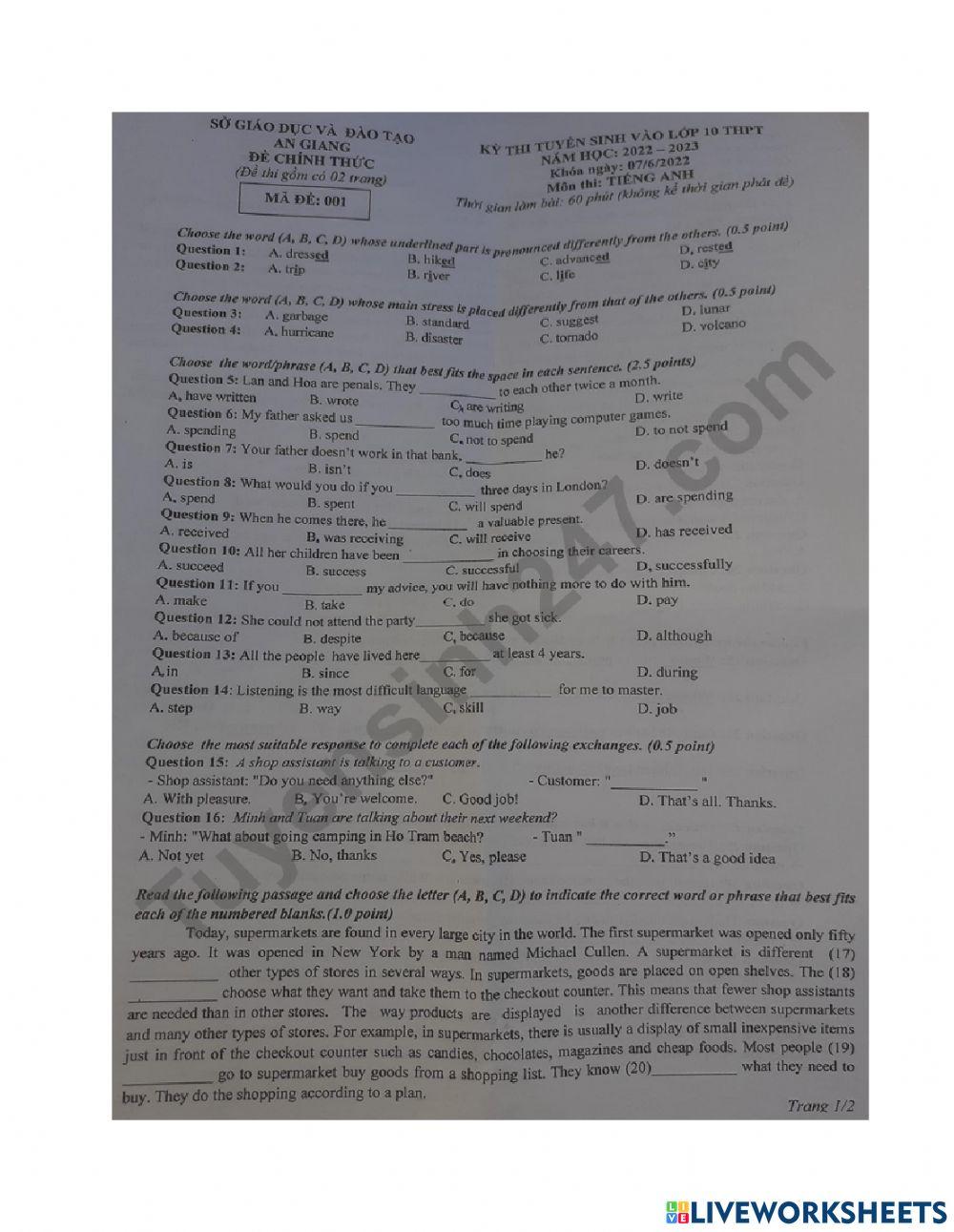 Đề thi môn Anh vào lớp 10 tỉnh An Giang 2022