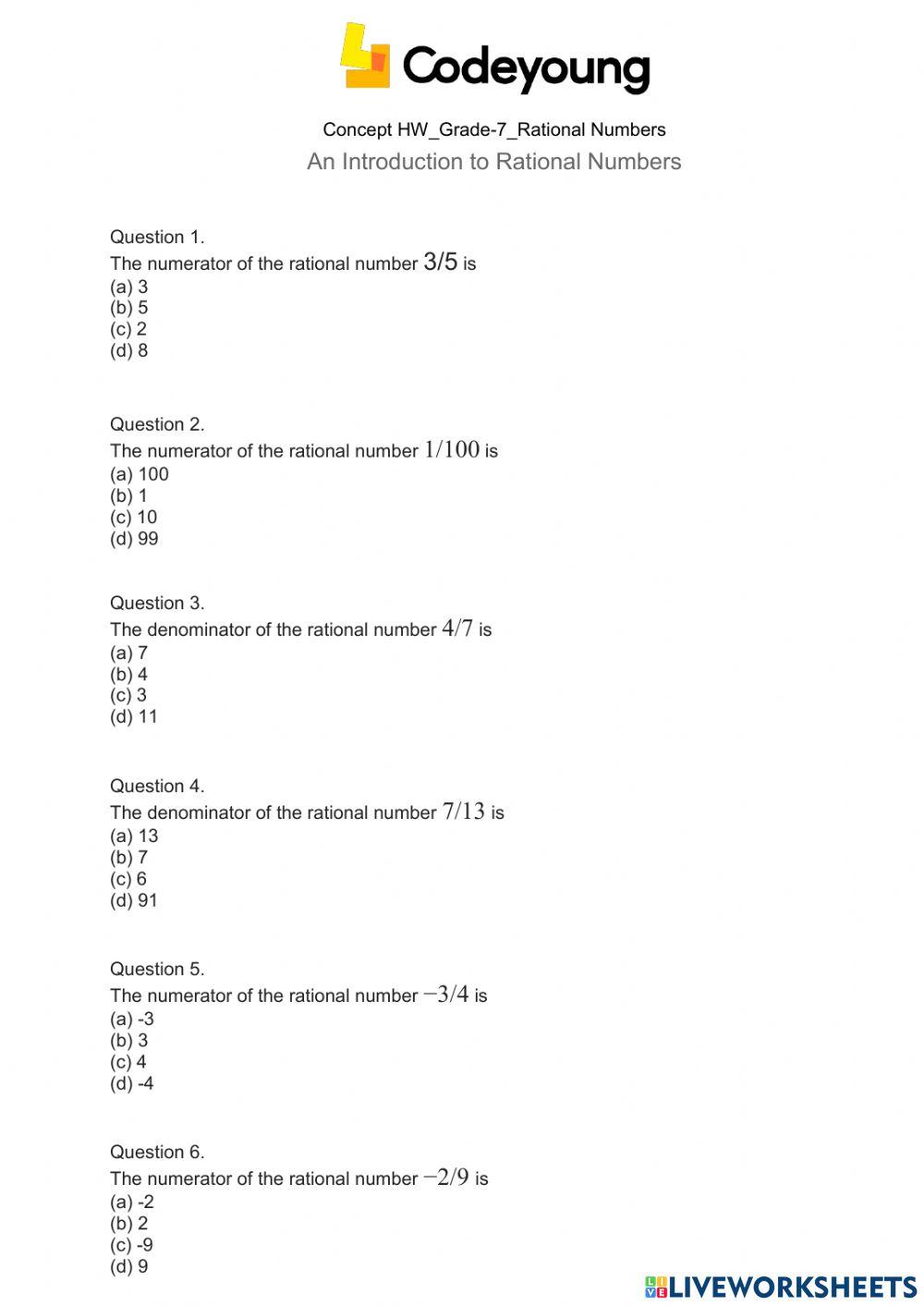 An Introduction to Rational Numbers concept HW