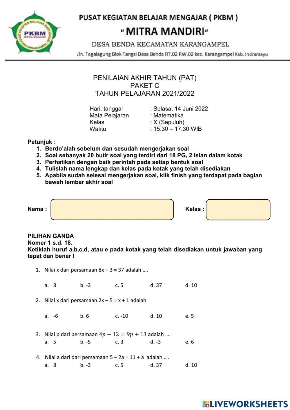 Ujikom 2 Matematika wajib x