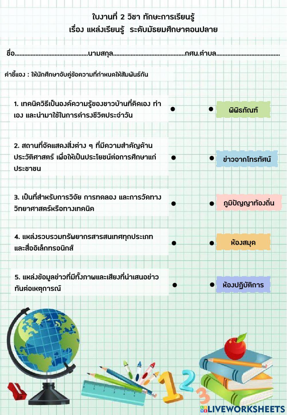 ใบงานที่ 2 วิชา ทักษะการเรียนรู้  เรื่อง แหล่งเรียนรู้  ระดับมัธยมศึกษาตอนปลาย