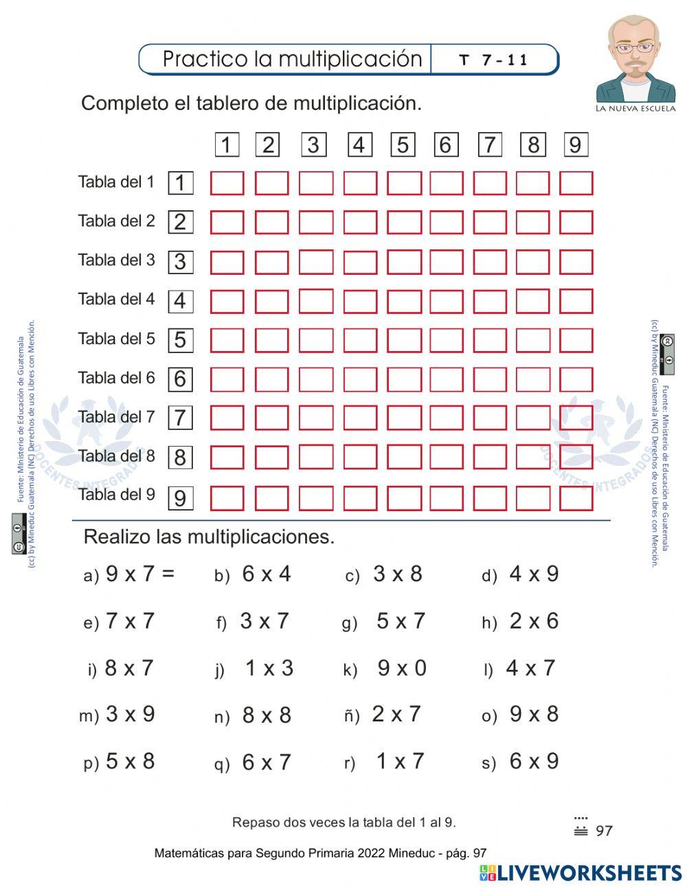 Matemáticas para Segundo Primaria 2022 Mineduc - pág. 97 - Practico la multiplicación