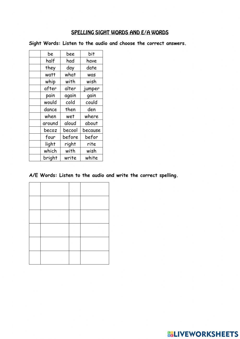 Sight Words and A-E spelling Grade 3