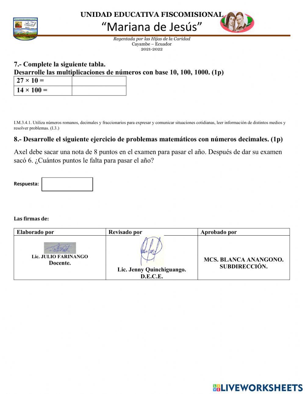 Evalución de Matemática 2Q-2P.