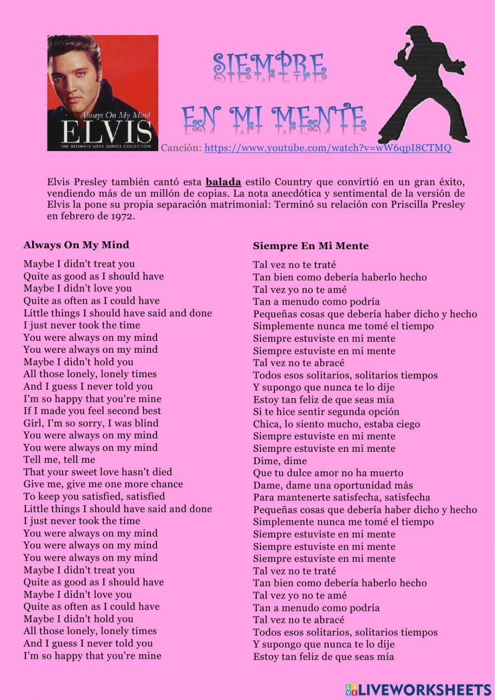 Lectura comprensiva sobre Elvis Presley-canción