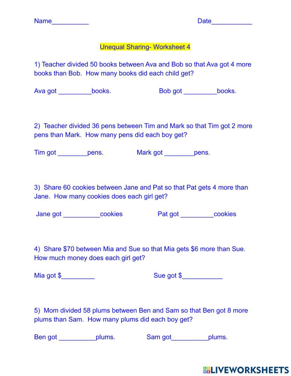 Unequal Sharing  Worksheet 4