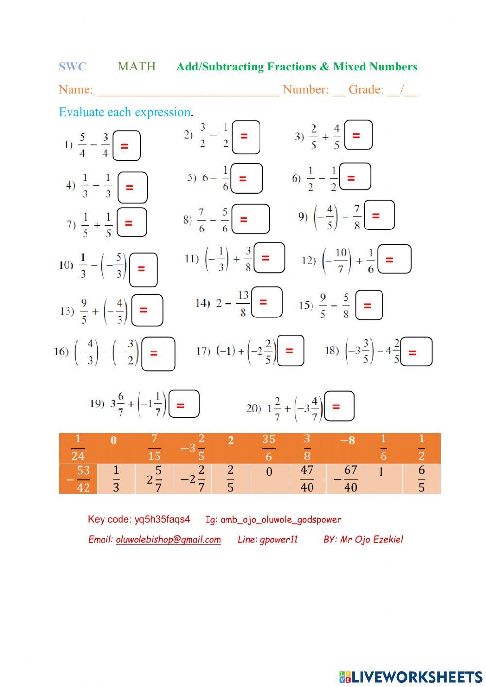 Add-Subtracting Fractions & Mixed Numbers GSCE 6 & 7