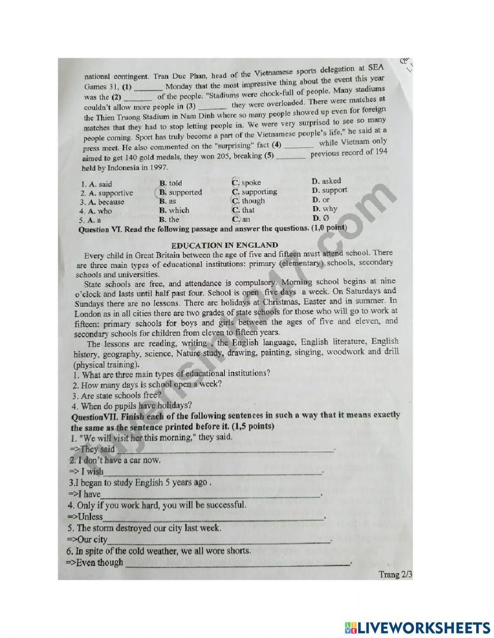 Đề thi vào lớp 10 môn Tiếng Anh năm 2022 Lai Châu​​​​​​​ chính thức