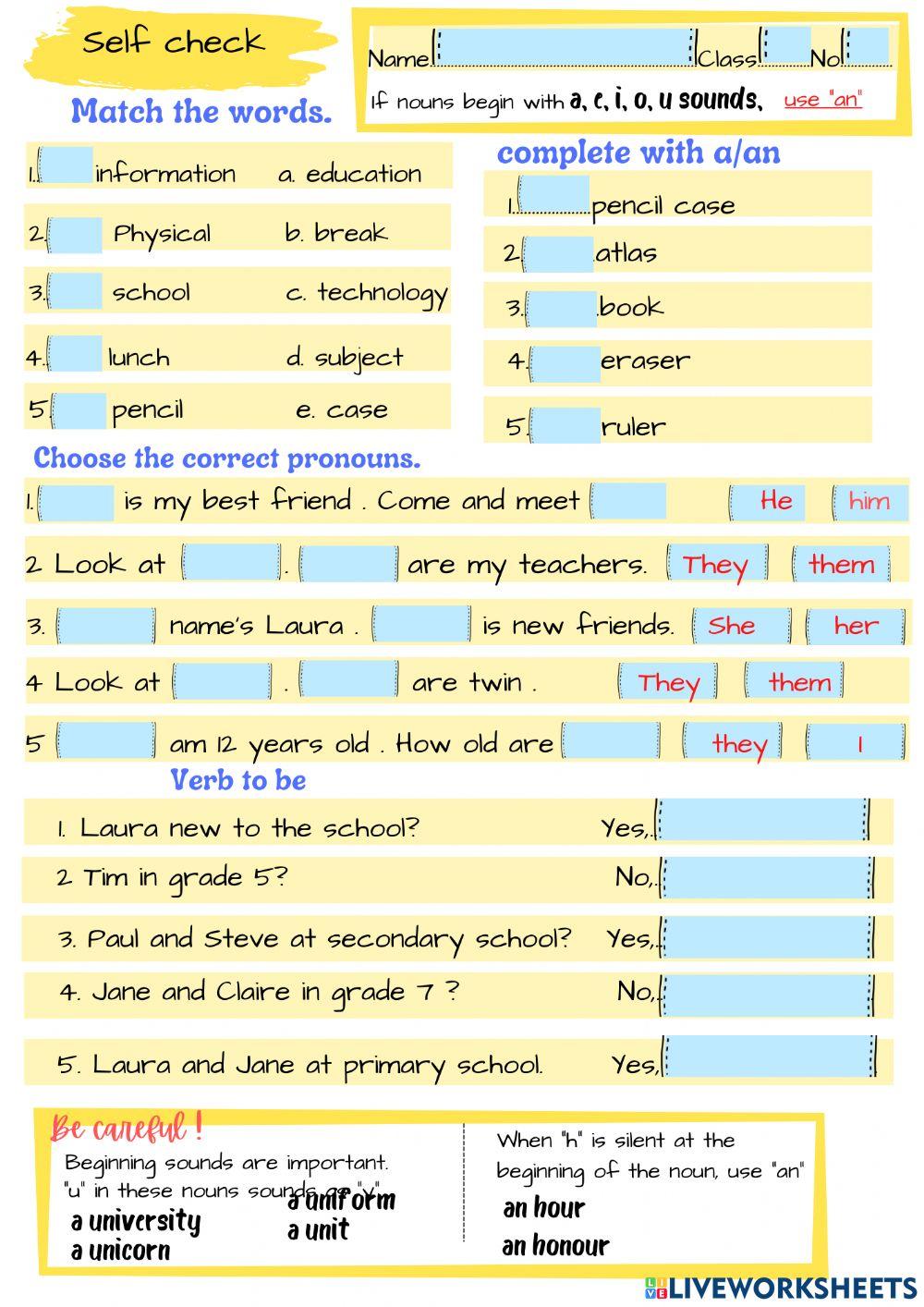 Verb to be ,pronouns, articles,school subjects