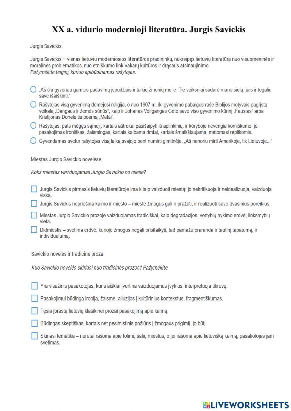 XX a. vidurio modernioji literatūra. Jurgis Savickis