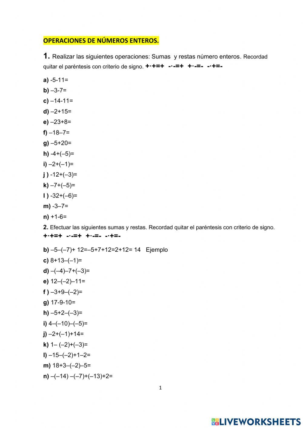 Operaciones números enteros. Sumas y restas