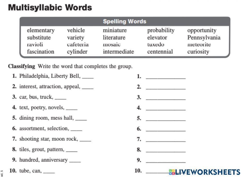 Multisyllabic Words activity Live Worksheets