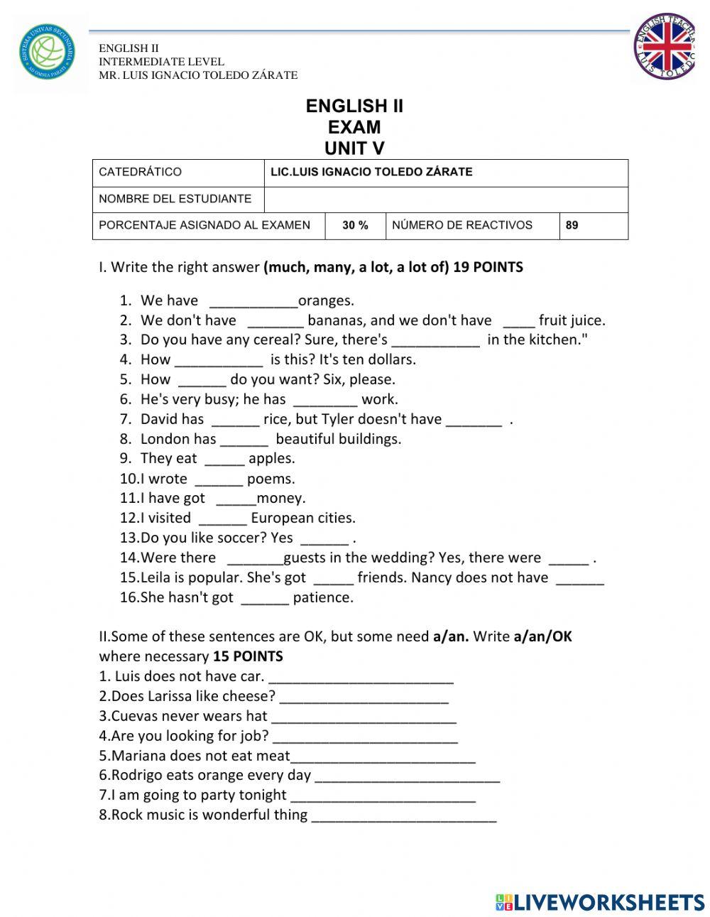 English ii-unit v-exam