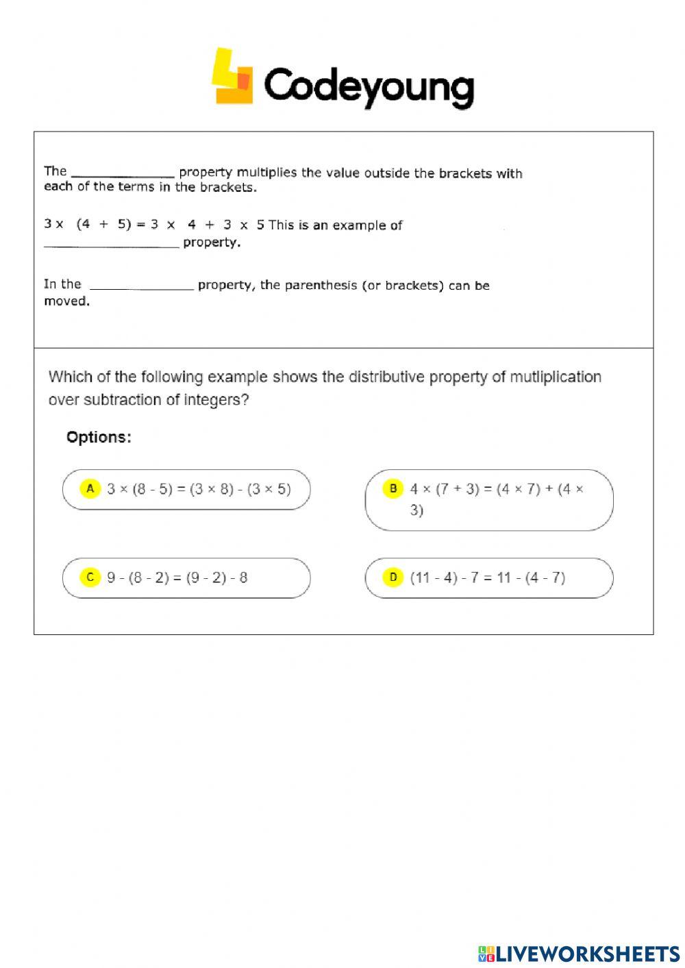 Properties of Integer Addition and Subtraction Concept HW