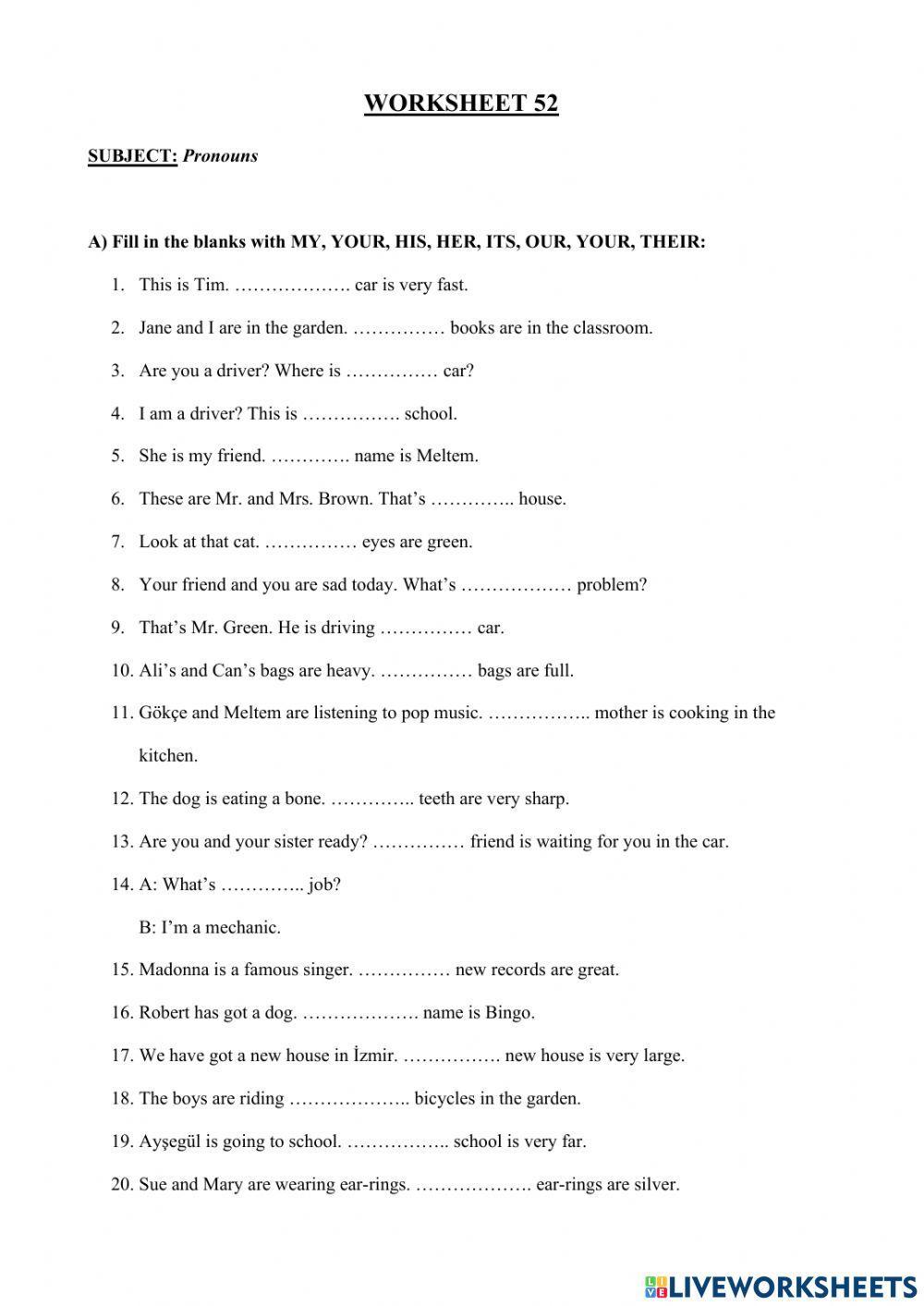 Worksheet 52 - Pronouns
