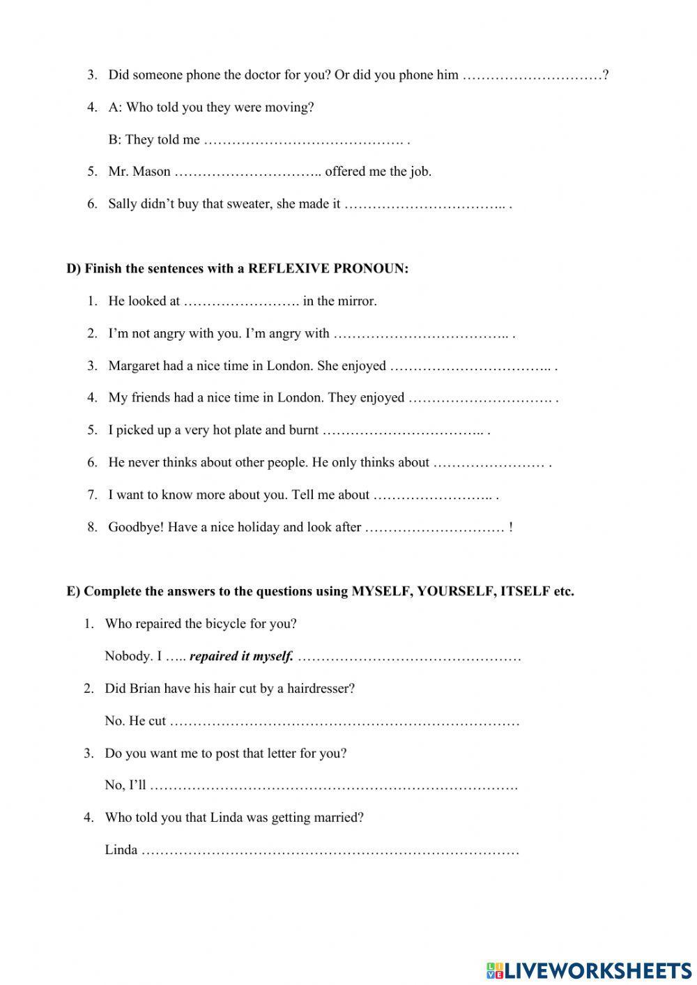 Worksheet 54 - Reflexise pronouns