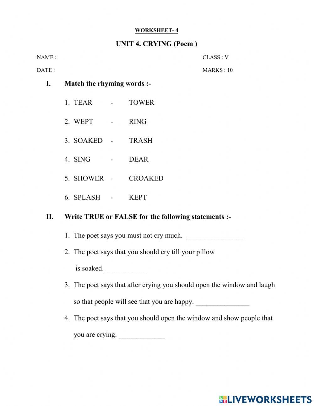 2070425 | Crying (poem) worksheet 4 | MANGALASUNDARI |