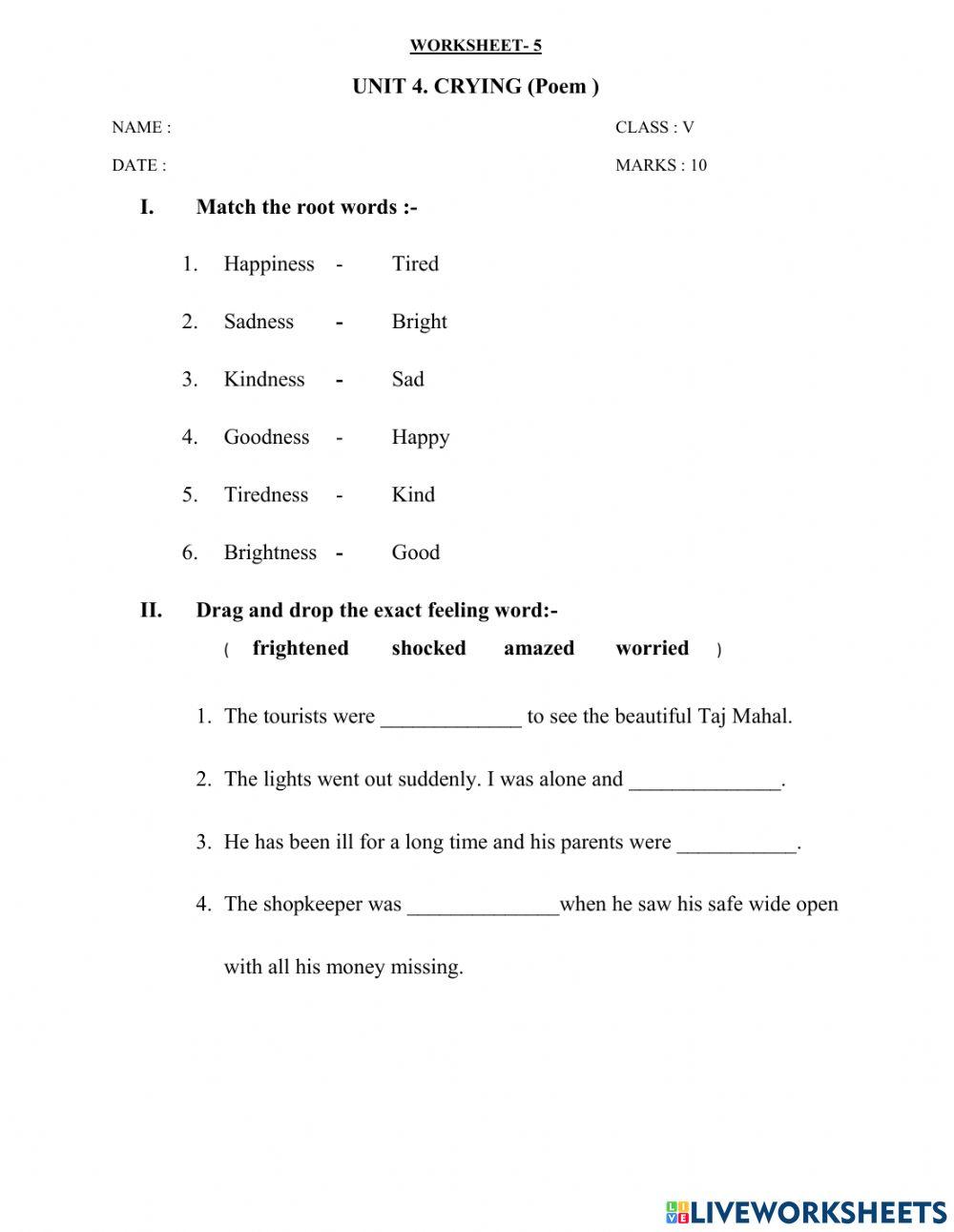 Crying ( poem ) worksheet 5